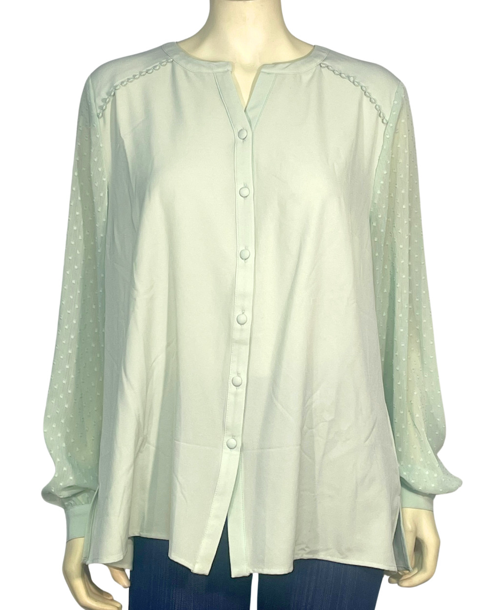 Isaac Mizrahi Live QVC Sz 16 Split V-Neck Blouse Sheer Puff Sleeves Mint Green